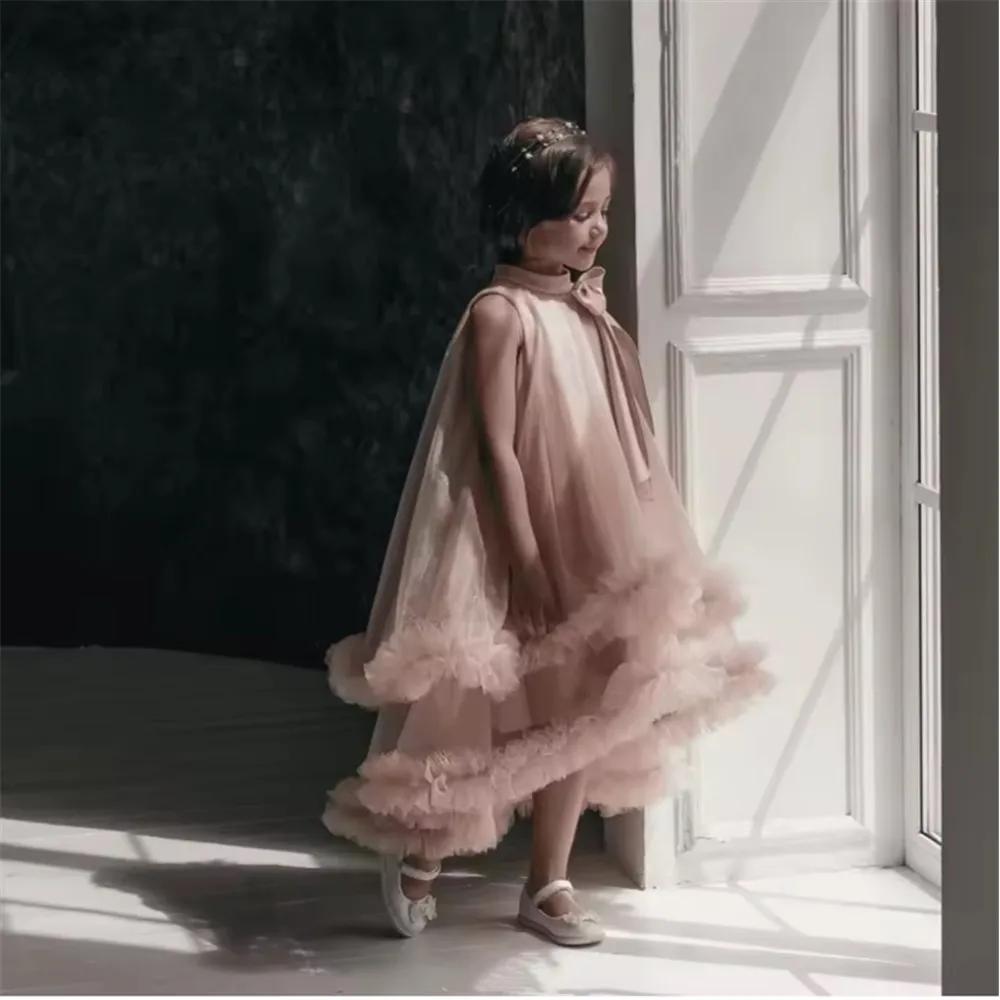 

Elegant Flower Girl Wedding Dress Sleeveless Halter Layered Bow Gentle Princess Kids Birthday Party Dress Banquet Prom Gown