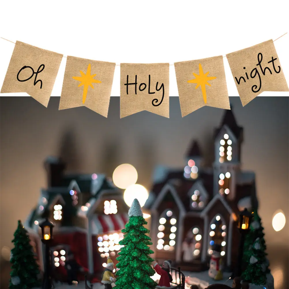 Oh-Holy-Night Banner Flax Rustic Christmas Garland 17cmx21cm Mantle Wall Fireplace Decoration Christmas Eve Home Party Banner