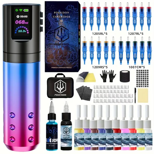 Kit de tatuaje POSEIDON, Kit de pistola de tatuaje de Color degradado para maquillaje permanente, Kit de máquina de tatuaje, fuente de alimentación inalámbrica para tatuaje Ki