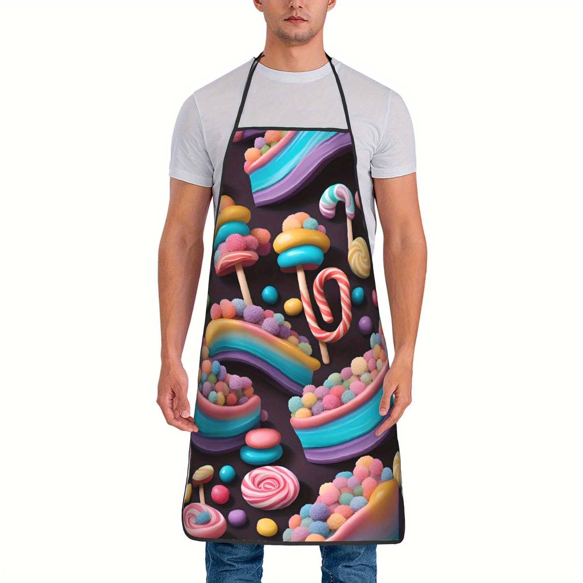 1pc Unisex Mystical Candy Wonderland Bib Apron - Vibrant Lollipop & Gummy Print on Black, Durable Polyester Kitchen Apron for Co