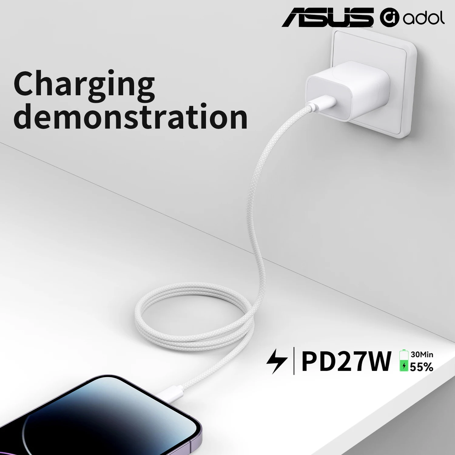 Cable trenzado ASUS PD27W USB-C a Lightning para carga y datos CarPlay para iPhone 14 13 12 11 Pro Max XR XS X iPad 3.28ft/6.56ft