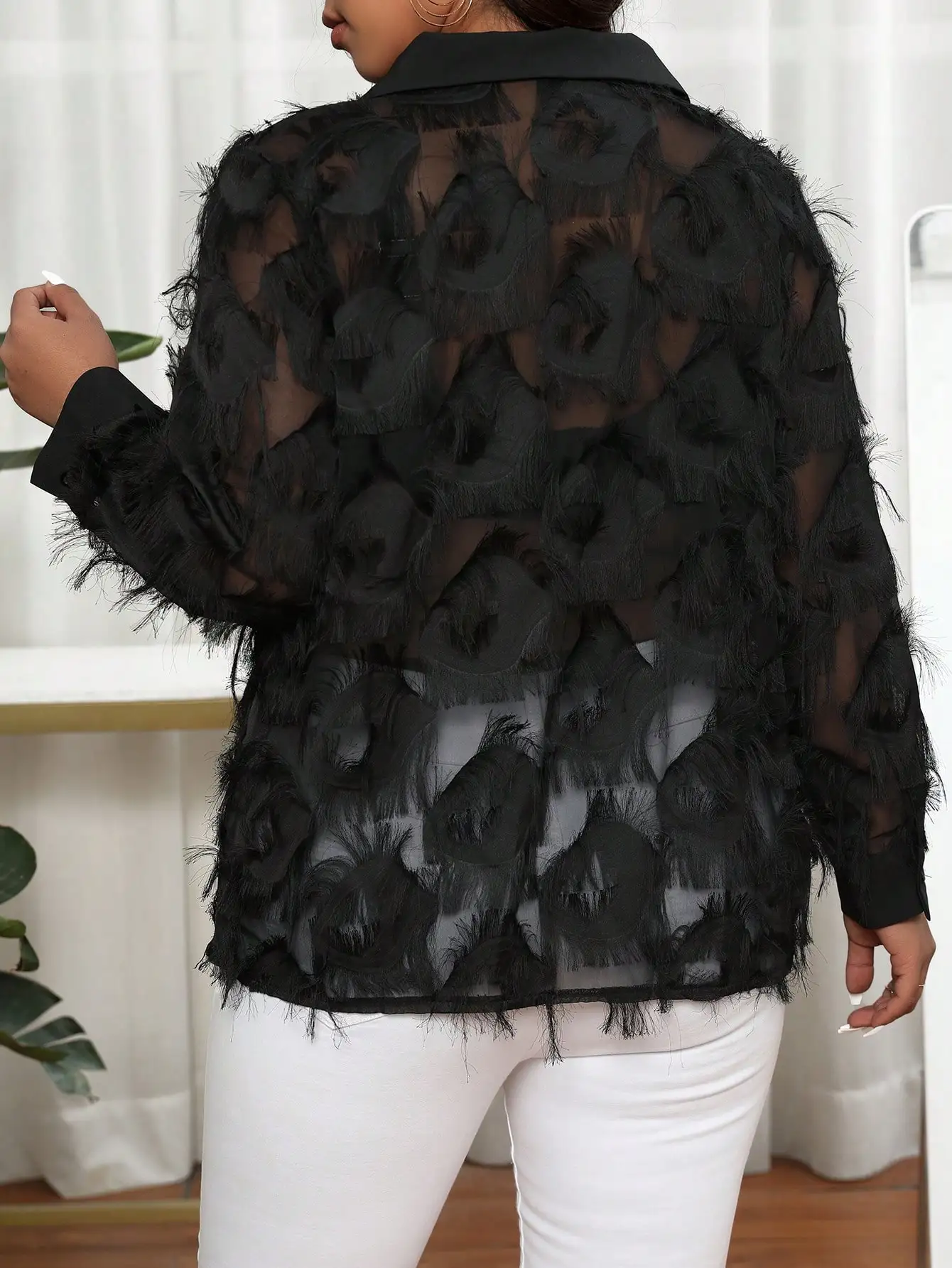 Women's Plus Size Sheer Mesh Blouse, Casual Lapel Neck Long Sleeve Button Down Feather Texture Shirt For Ladies