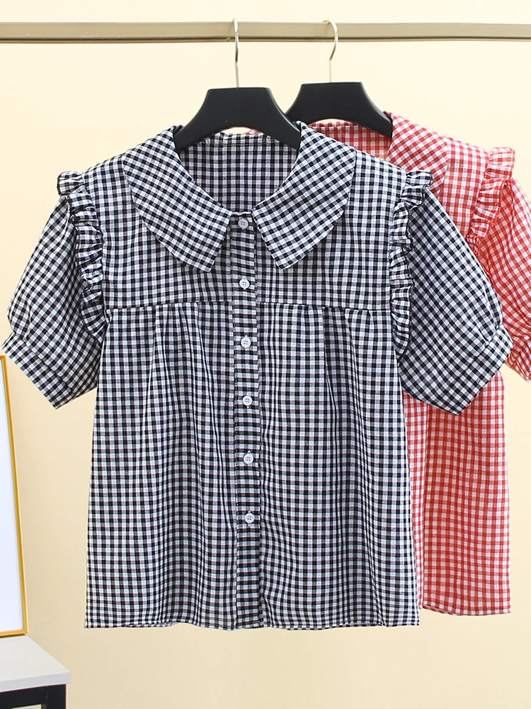 

French Sle Loose Cotton irt ort Sve Doll Collar Plaid Design Summer New Arrival Women's Faion Casual Top