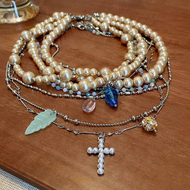 Multi-layer Irregular Pearl Crystal Cross Pendant Necklace,Two-piece Set Ethnic Style Choker Vintage Collar