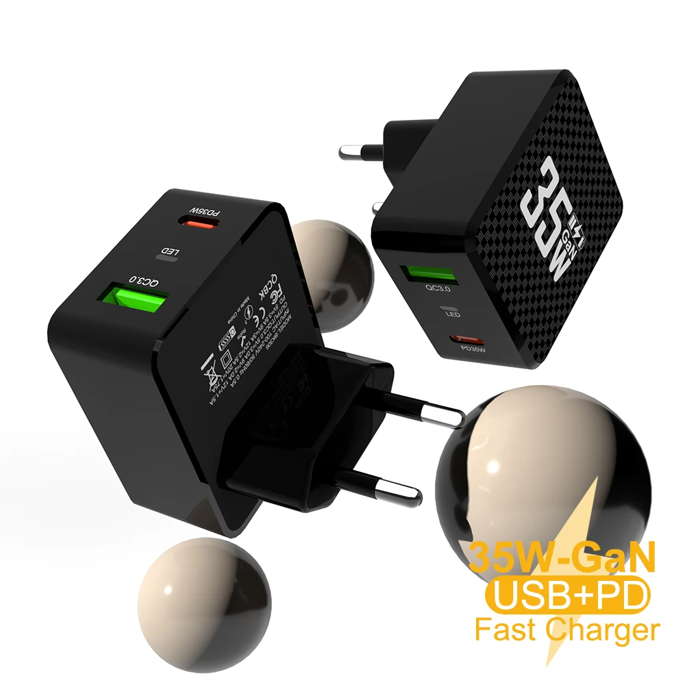 2 Ports Mini 35W GaN USB Typ C Ladegerät QC3.0 Tragbares Schnellladen für iPhone 14 Pro Xiaomi 13 Samsung KR/EU/US/UK Stecker – Detail 4