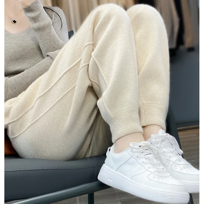 Women Winter Wool Harlan Pants Drawstring High Waist Straight Korean Loose Sweatpants Long Trousers Autumn Warm Pencil Pants