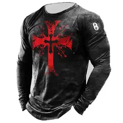 Funny Cross Print Men's T Shirt Casual O-neck Street Tops Fashion Cotton Long Sleeve T-shirts Loose Pullover Autumn Men Clothing