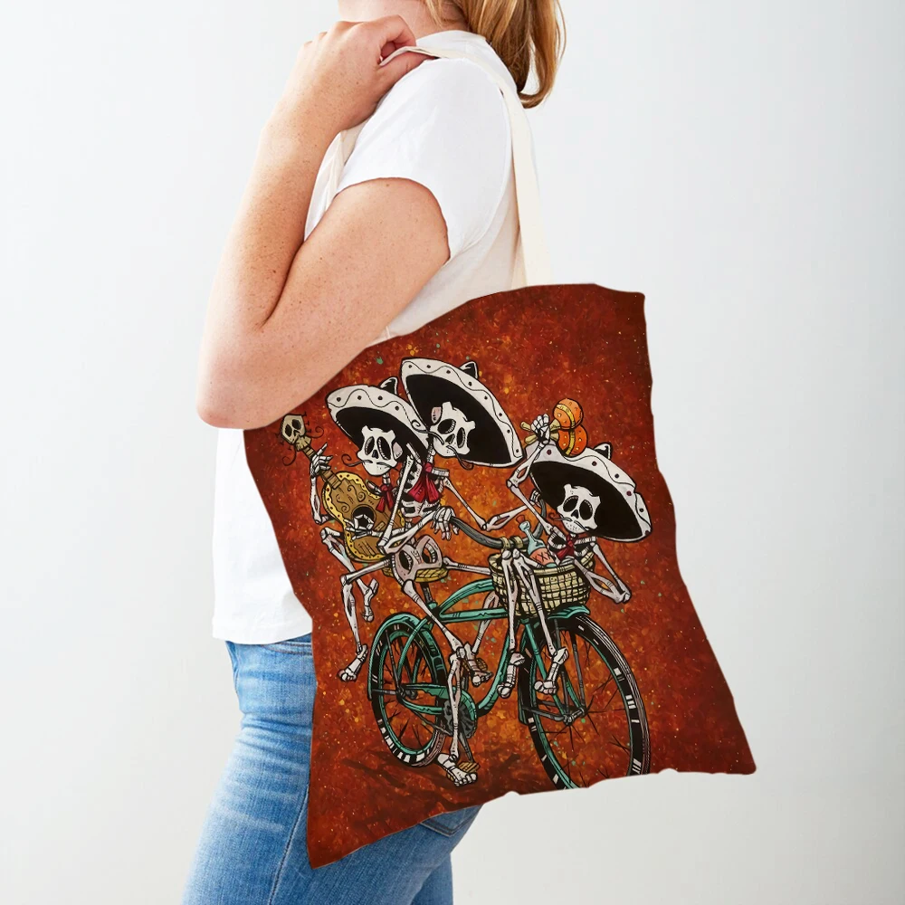 Mexico Day of the Dead Double Print Canvas Women Shopping Bags Reusable Eco Cute Cartoon Skull Shopper Bag Lady Tote Handbags