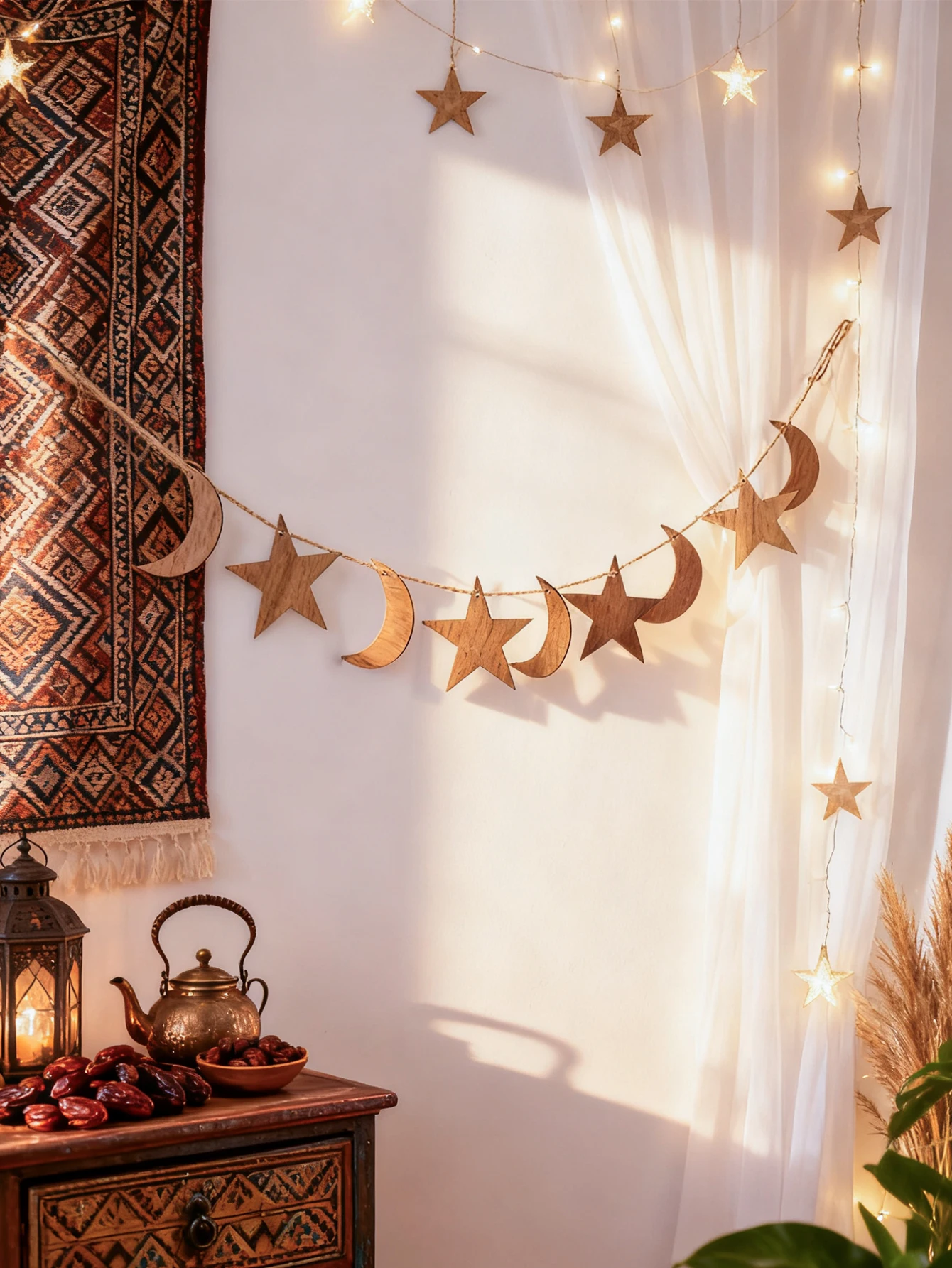 Ramadan Kareem Holz Mond Sterne Girlande Islamische Laterne Hängen Banner Dekor Home Party Wand Fenster Dekoration Muslimischen Urlaub Geschenk