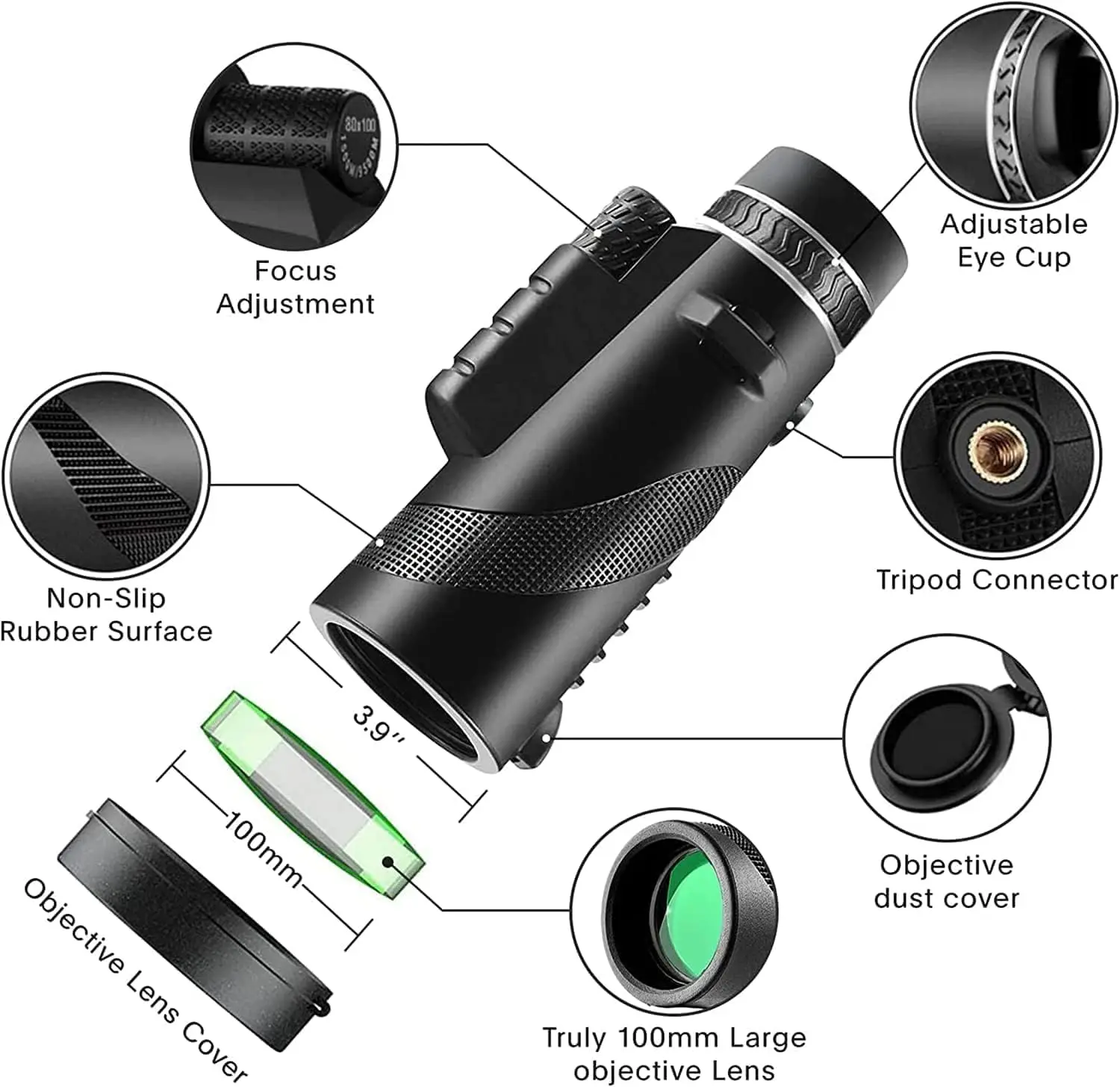 High Power 80x100 Monocular Telescope BAK4 Prism FMC Lens, Smartphone Camera Adapter Tripod Included, Waterproof Scope for Adult