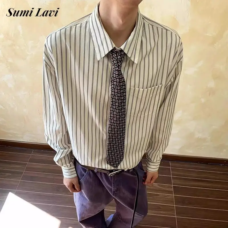 

2026 Spring New Casual Mens Striped Print Shirt Vintage Turn-down Collar Button-up Shirts Men Fashionable Long Sleeve Shirt