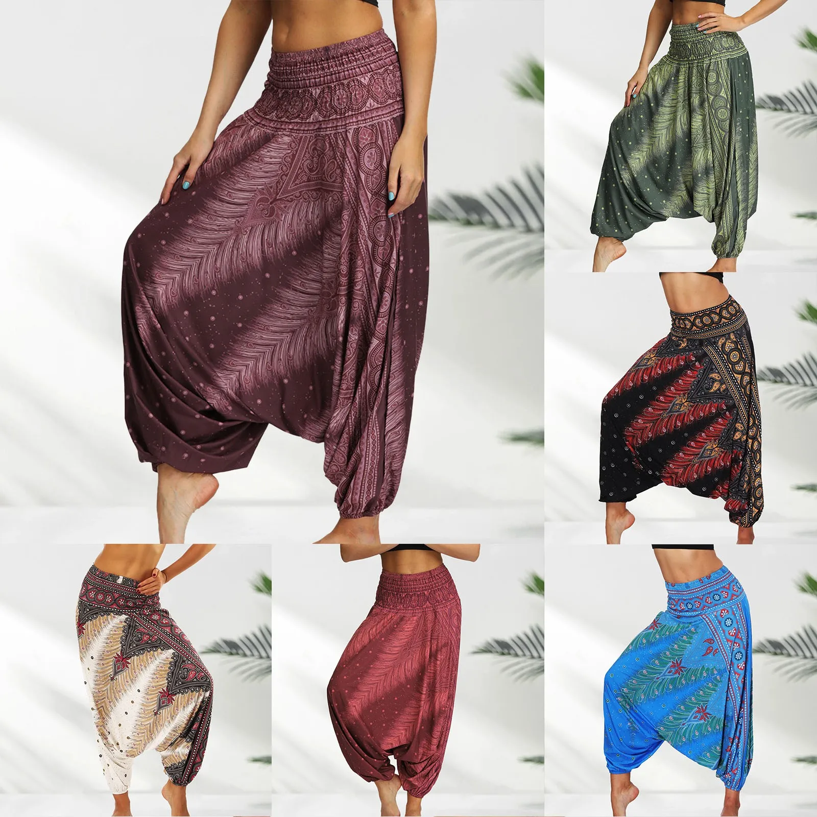 2024 Summer New Women\'S Bohemian Yoga Pants Hippy Harem Smocked Waist Trousers Flowy Loose Beach Pants Women Rayon Pantalones