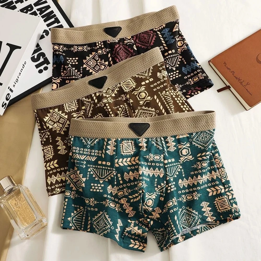 

Retro Ethnic Style Men's Boxer Comfortable Briefs Vintage Print Elastic Underwear for Man Lingerie Mid Waist Shorts Underpants