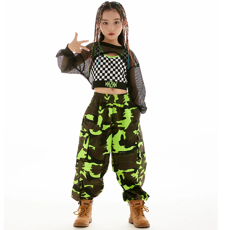 Ropa de baile de Hip Hop para niñas, traje largo de actuación de Jazz, Tops de red negros de manga, pantalones sueltos, traje de moda, nuevo salón de baile