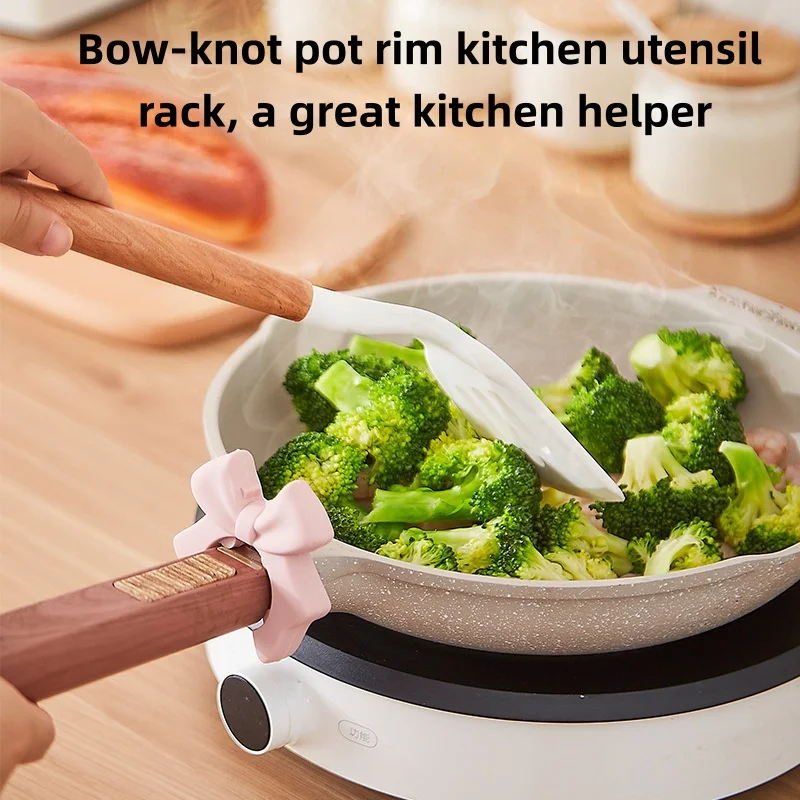 Cute Bow Silicone Pot Side Spoon Rest Heat Resistant Utensil Holder Anti Scald Kitchen Tool Rack For Cooking Pan Edge Storage