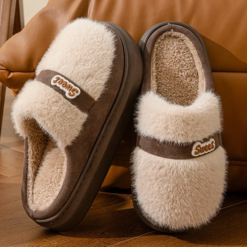 

Winter Cotton Slippers Women's New Luxury Autumn Lady Fashion Indoor Home Faux Fur Thick Soles Slippers Wool Cotton Warm Shoes