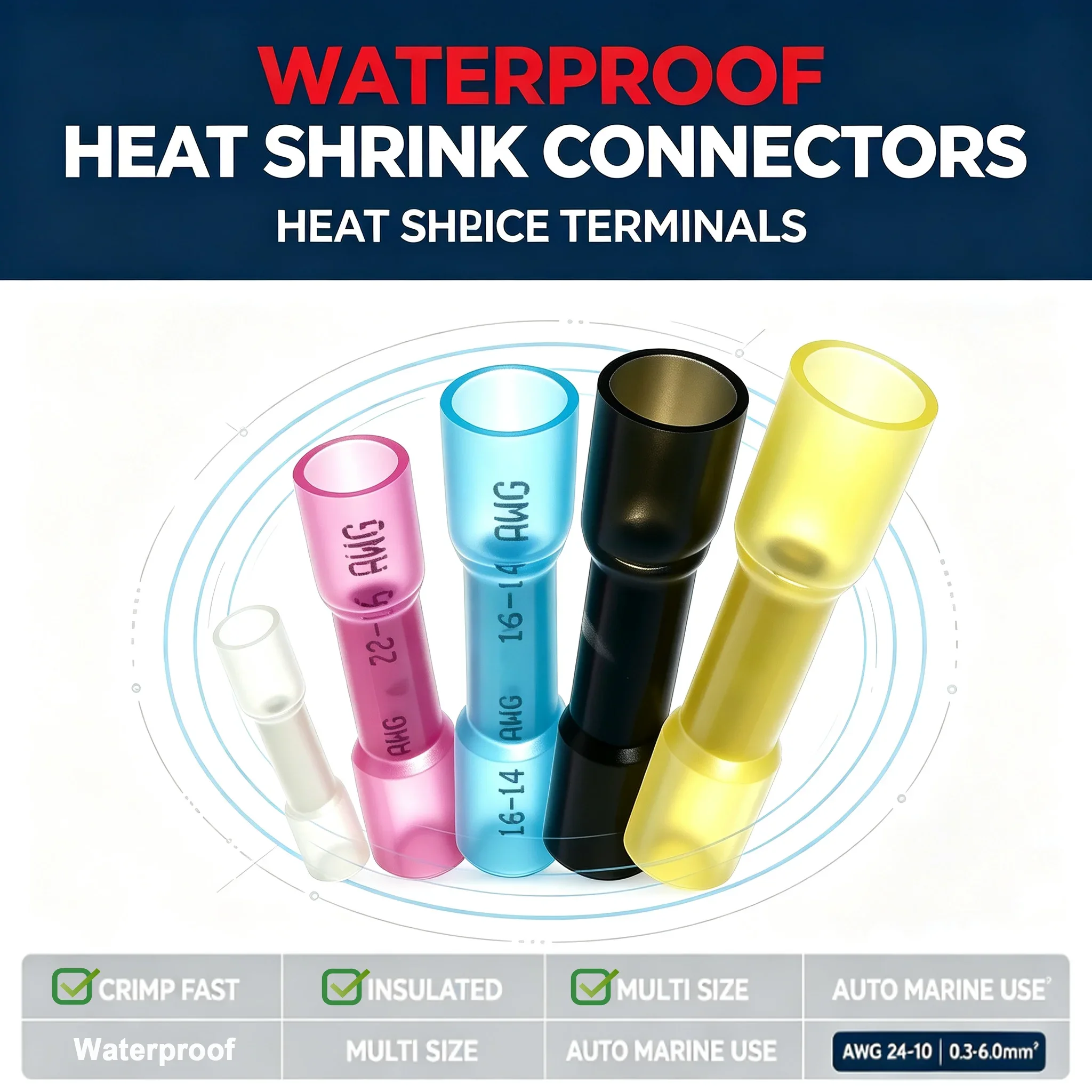 50-300Pcs Heat Shrink Butt Connectors – Waterproof Wire Splice Terminals, 6 Sizes 5 Colors for Boat Automotive Marine