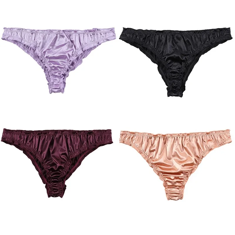 

4Pack Women Silk Bikini Air Permeability Satin Thong Sexy Flouncing Snug Underwear Soft Briefs Panties Lace Thong Ruffles Deco