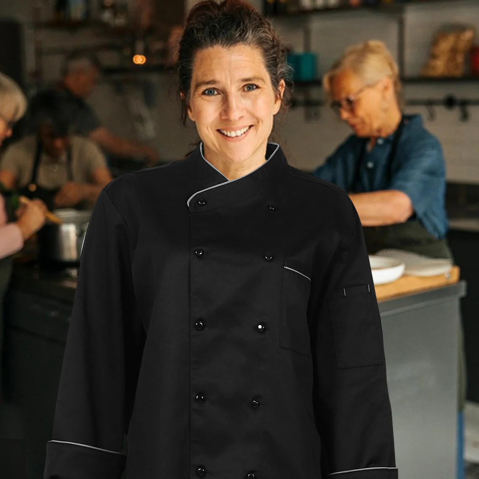 

Черное унисекс пальто шеф-повара с длинным рукавом кухонная куртка для мужчин и женщин небьющаяся униформа ресторан отель барбекю пищевое пальто шеф-повара черное