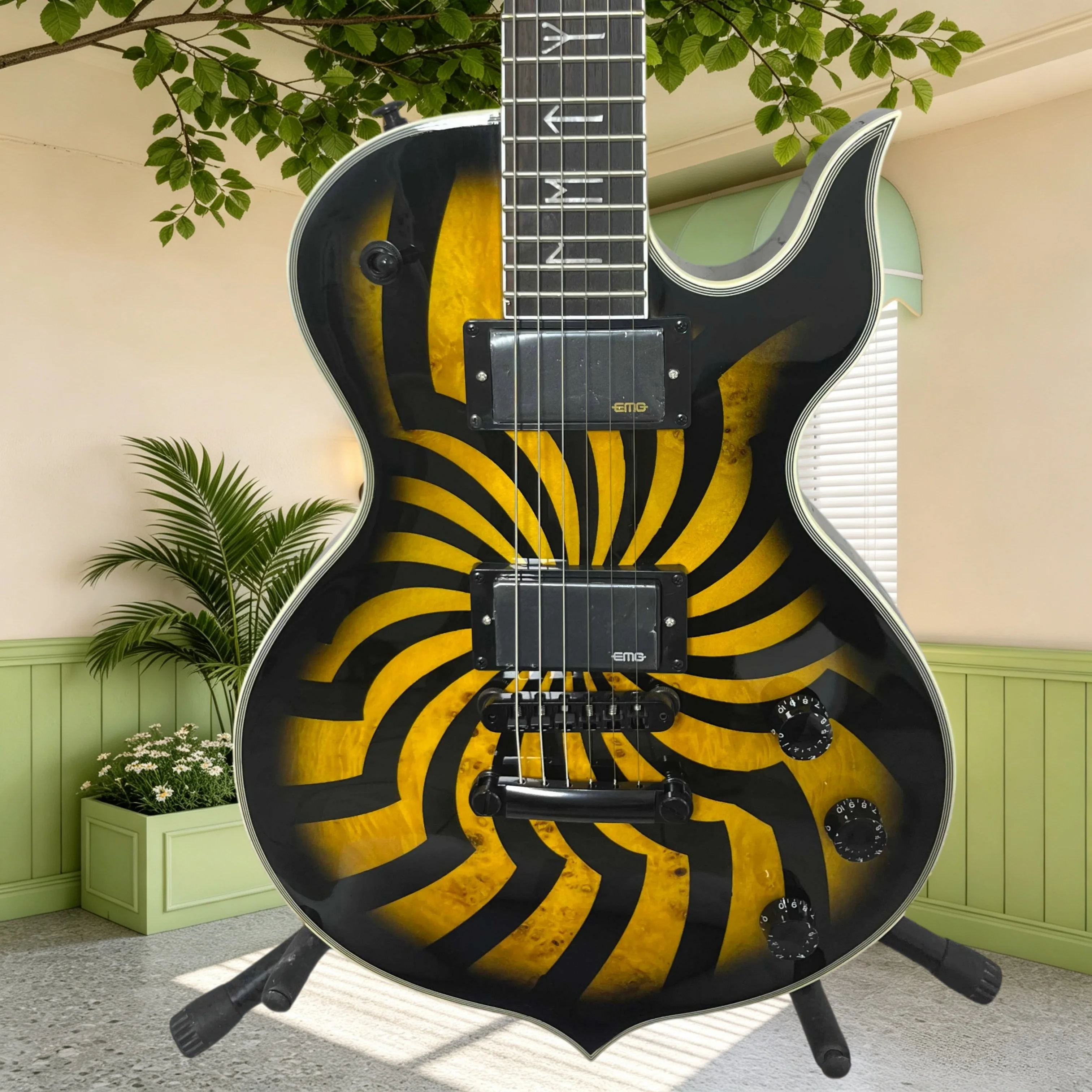 Black Yellow Swirl Graphic Electric Guitar Rosewood Fretboard Special Symbol Inlay EMG Pickups Black Hardware Heavy Metal Rock