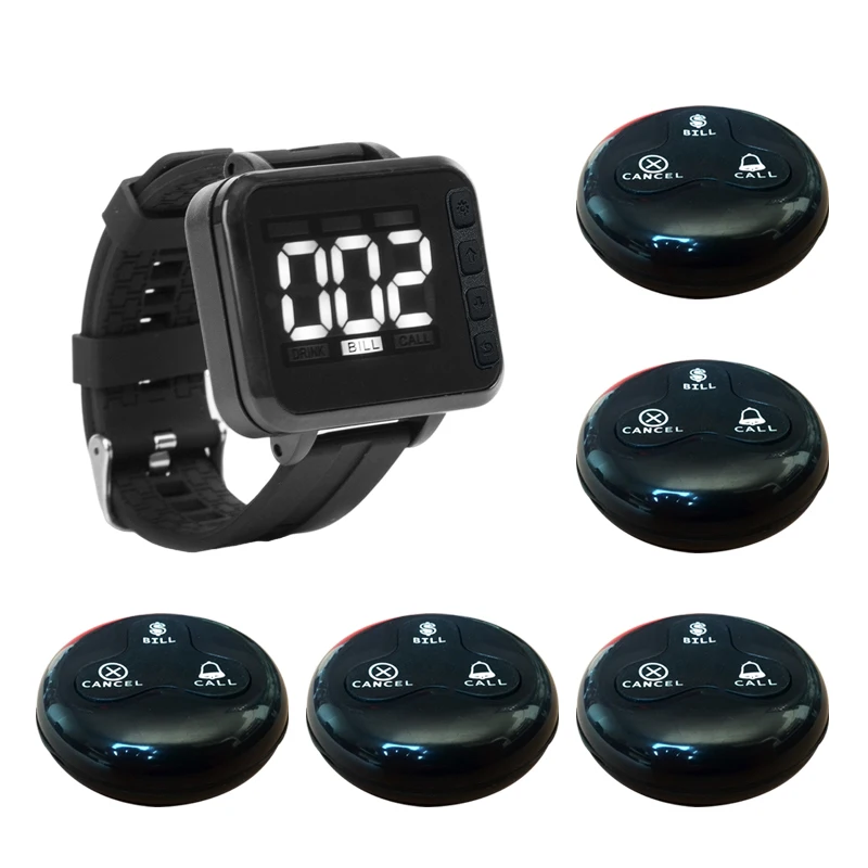 Wireless Calling System Restaurant Waiter Pager 1 Vibration Watch Clock 5 Waterproof Bell Button Hookah