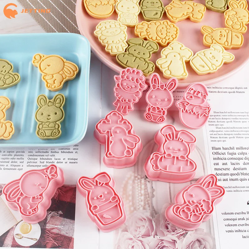 8Pcs Easter Rabbit Biscuit Mold Plastic Bunny Egg Cookie Cutter Stamp Embosser Easter Party Fondant Cake Baking Decoration Tools