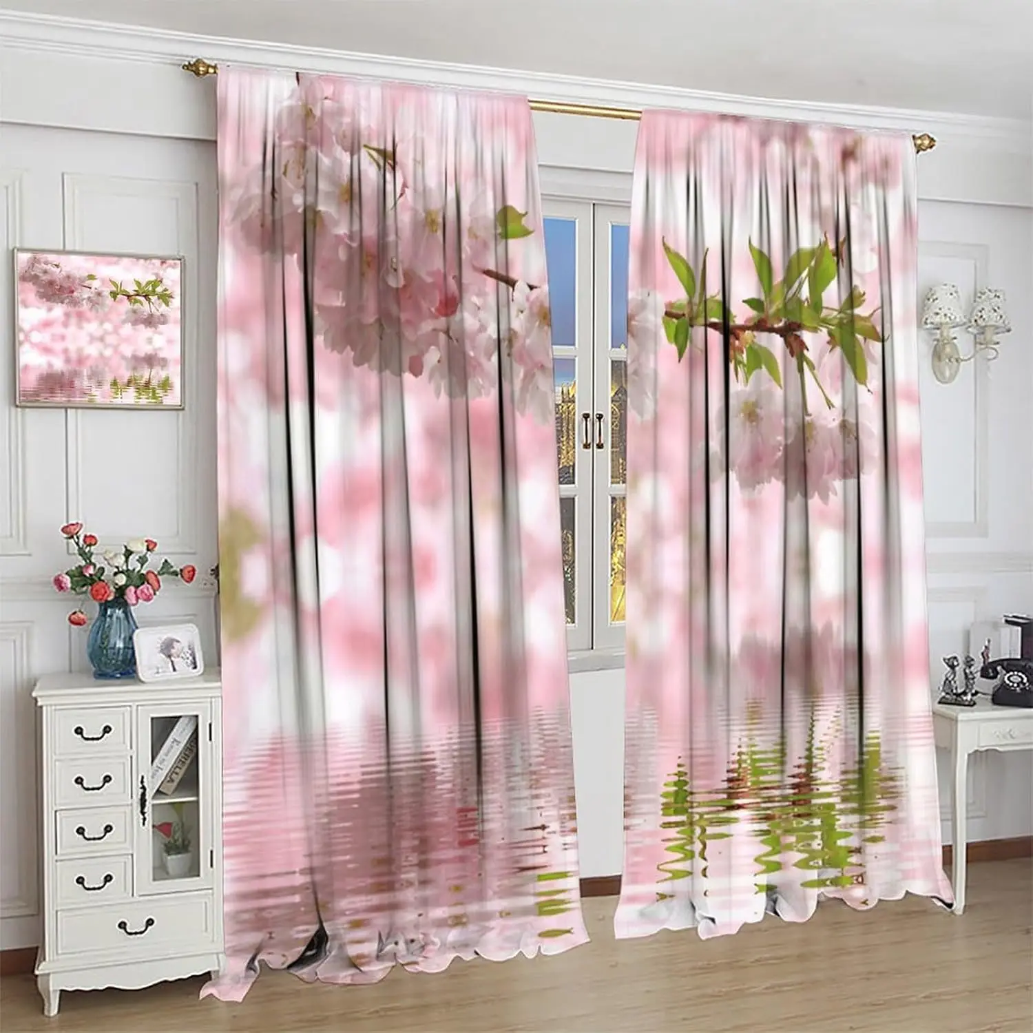 Pink Cherry Blossom Curtains for Girls Bedroom, Flower Reflecting in Water Asian Cherry Blossom Pastel Spring Window Drapes for