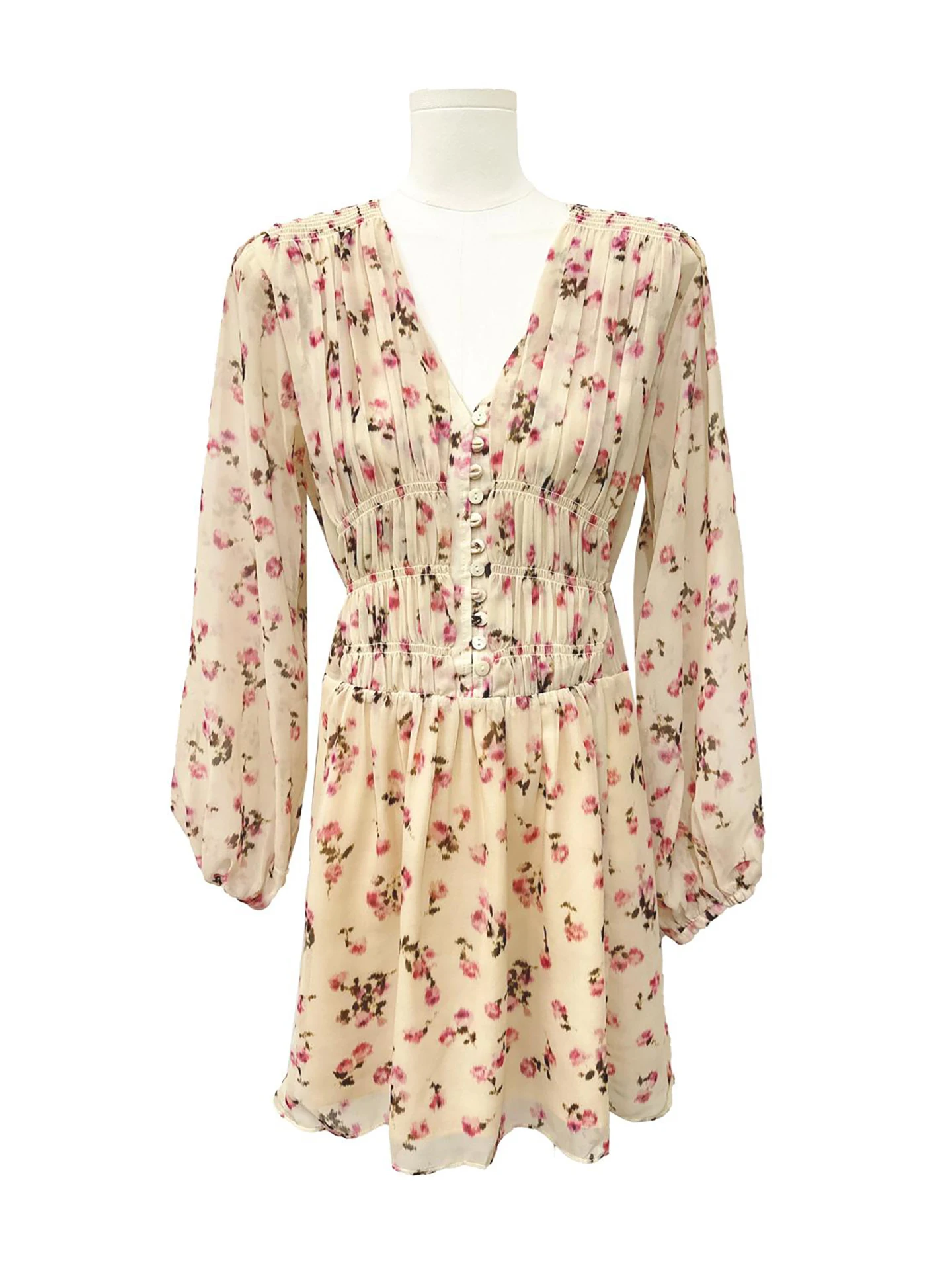 Romantic Floral Print V-Neck A-Line Dress Women's Early Autumn Long Sleeve Slimming Holiday Style City Commute Short Skirt
