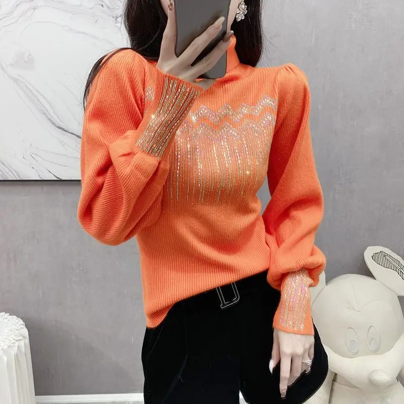 Solid Color Diamonds Turtleneck Slim Sweaters Autumn Winter Korean Female Commute Fashion Lantern Sleeve Thick Knitted Jumpers