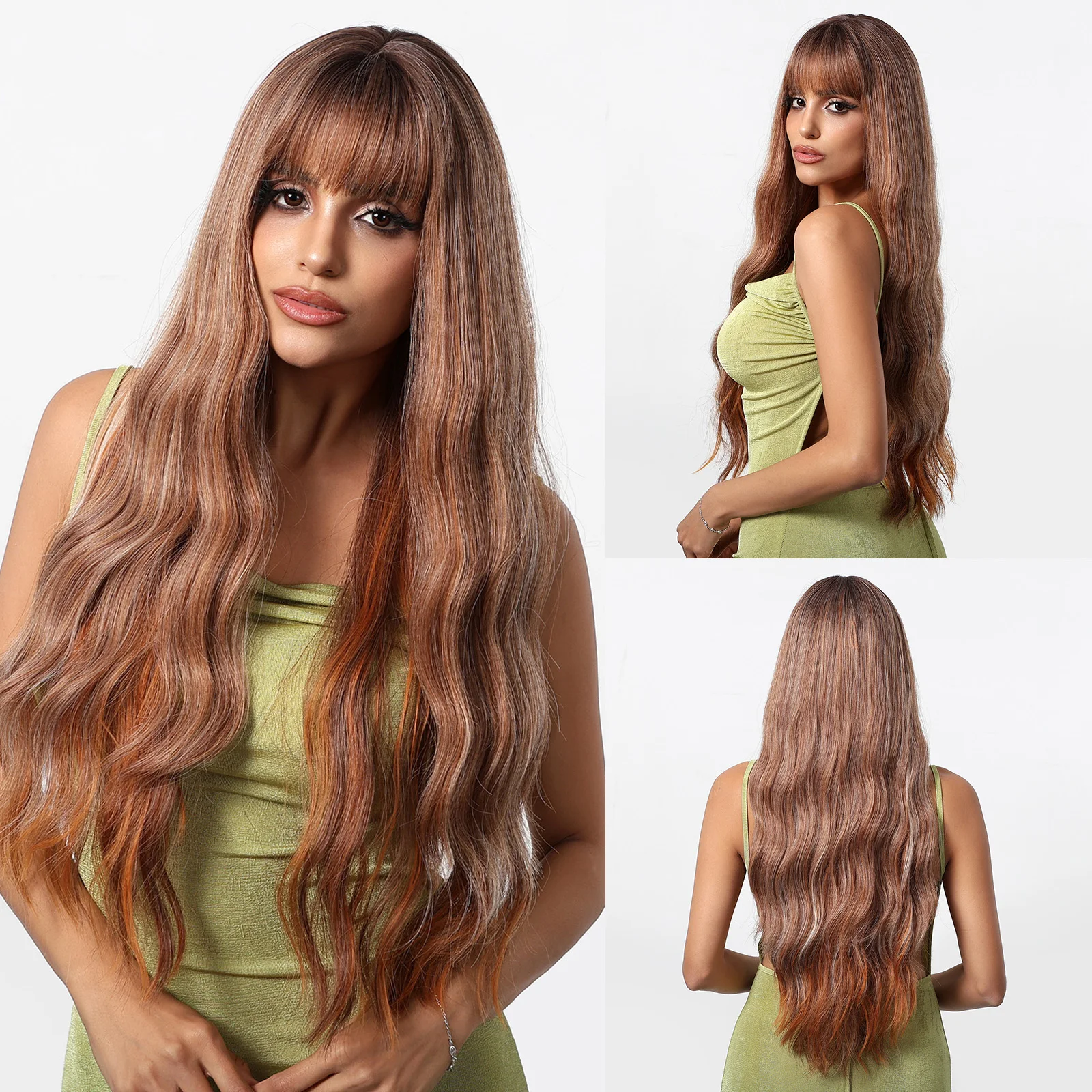 

Mixed Brown Synthetic Wig with Bangs Long Water Wave Wig for Black Women Cosplay Party Daily Natural Hair Heat Resistant Fibre