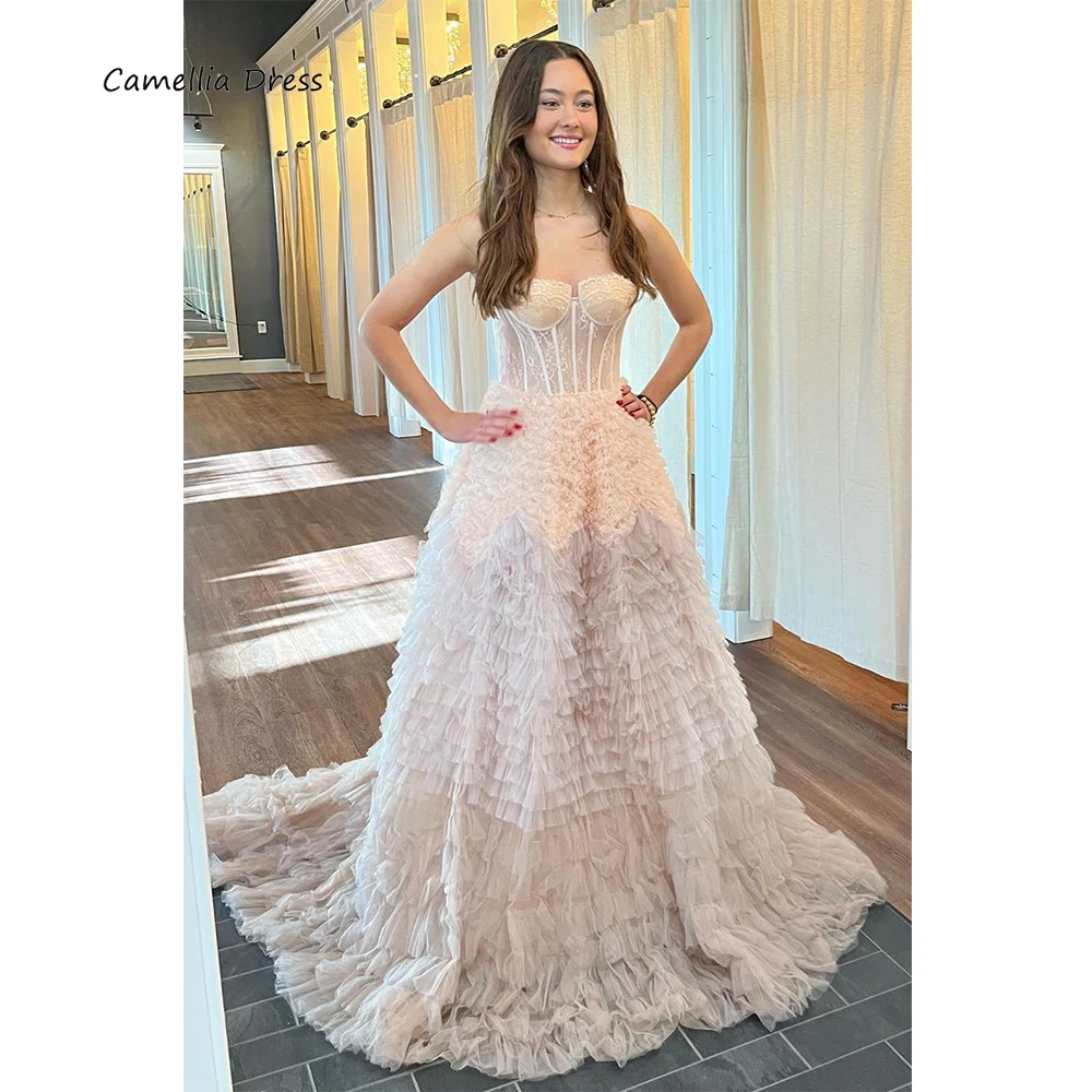 

Tiered Prom Dress Strapless Long A Line Party Dress Sweetheart Ruffle Layer Bodice Tulle Cake Evening Dress Plus Size فستان سهرة