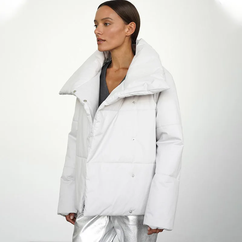 TARUXY High Collar Concealed Button Cotton Coat Women's Fashion Solid Pocket Long Sleeves Coat Winter New Casual Clothing Female