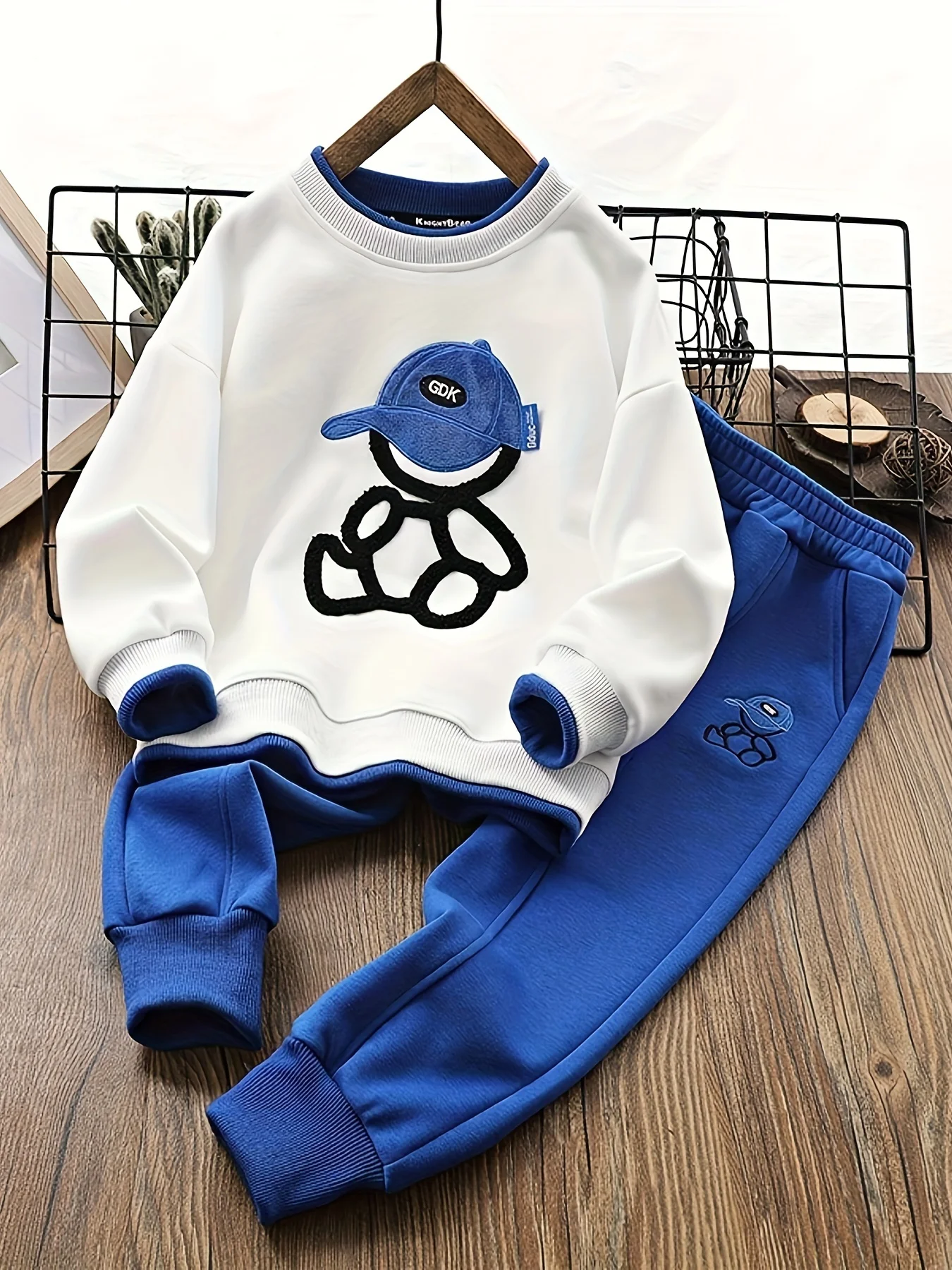 Teenage Boy Clothes Children Girl fake two pieces Sweater Pullover And pants Set kid Embroidery Cartoon Bear Top Bottom Suit