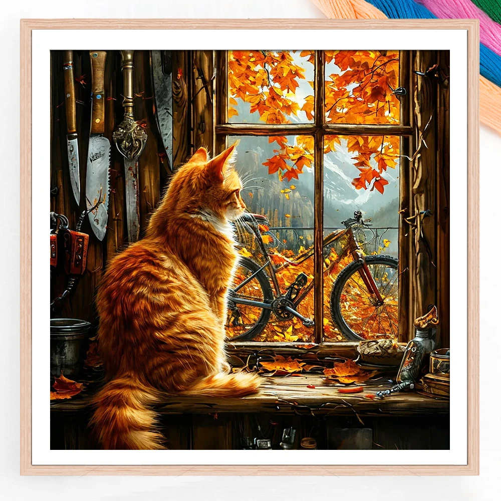 Kit de broderie sur toile 11CT, thème animal, chat à poils longs aux fenêtres, motif automne, nouvelle arrivée, décoration pour la maison, cadeau