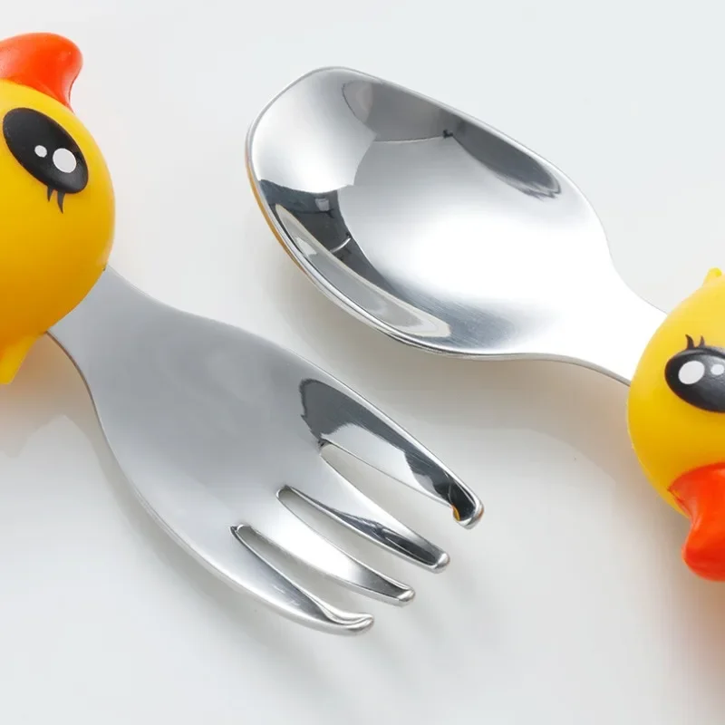 304 Stainless Steel Baby Complementary Feeding Tableware Cartoon Small Yellow Duck Portable Spoon and Fork Set Tableware