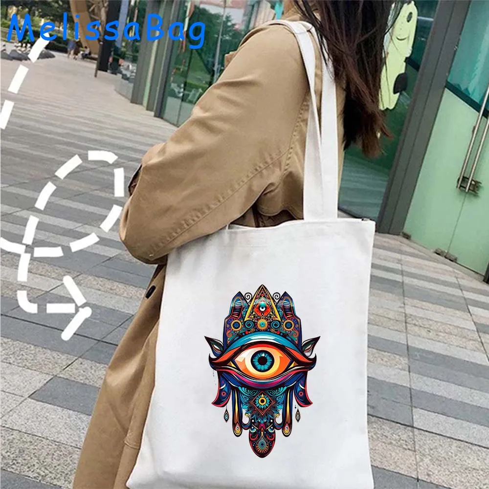 Borsa a tracolla in tela colorata Mati Blue Evil Eye Moon Mandala Flower Masallah Nazar Harajuku Shopper borsa in cotone riutilizzabile