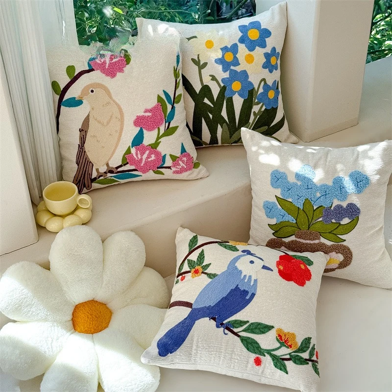

45x45cm Throw Cushion Cover Cute Flower Plant Embroidery Pastoral Style Living Room Bedroom Sofa Comfortable Pillow Case Cover