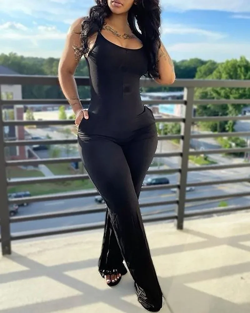 CPSYMYM ชุดจั๊มสูทผู้หญิงฤดูร้อนพิมพ์สีทึบคอวีลําลองแขนกุดยาว Skinny Suspender Jumpsuit