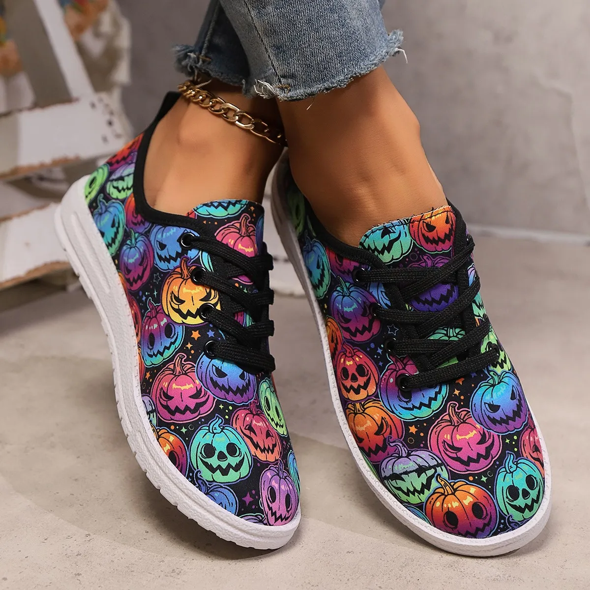 

Designer Brand Women Sneakers Female Canvas Casual Skeleton Shoes Lady Chrysanthemum Leopard 3D Printed Pumpkin Pattern Festival