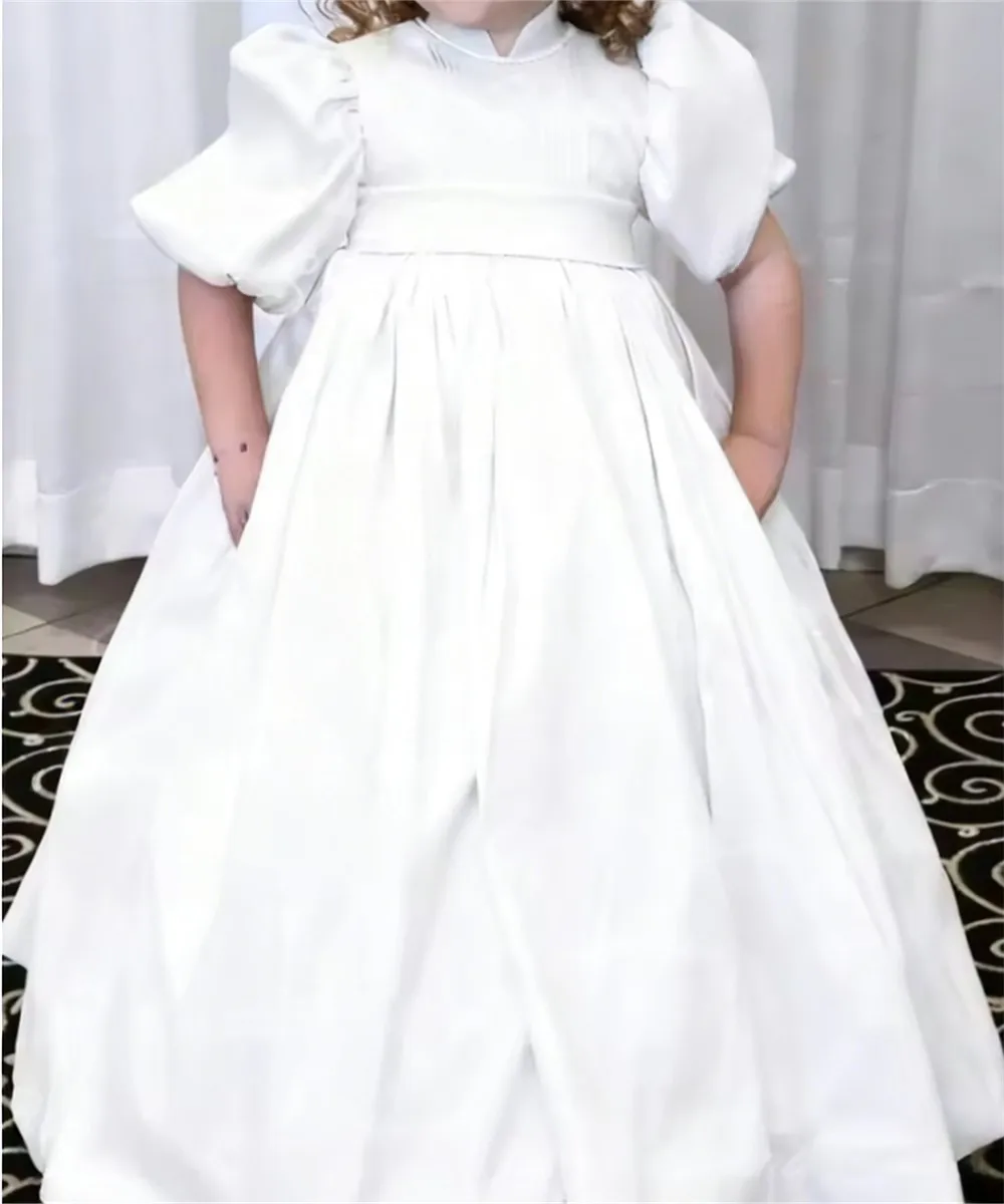 

Elegant First Communion Dresses Half Puff Sleeve Satin Floor Length Flower Girl Wedding Dress Kids Birthday Gown Customized