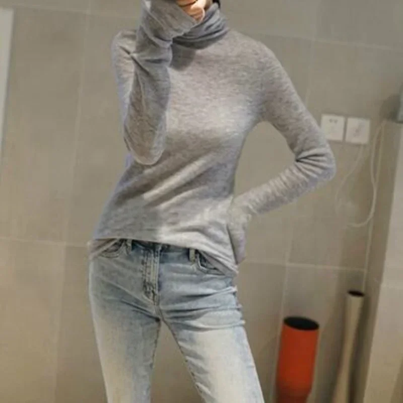 Autumn New Women\'s Thin Worsted Wool Top Close-fitting Base Pile Collar Wool Sweater Women Slim Knitted Long Sleeve Top