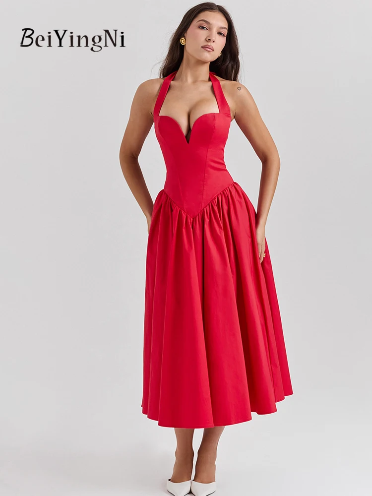 

Beiyingni Red Halter High Waist Long Dresses for Women Plain Elegant Luxury Backless Sexy Prom Gray Dress Female Robes Clothing