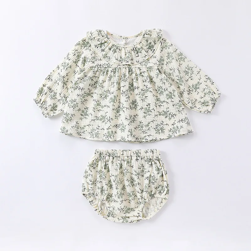 Ins Spring Summer New Newborn Girls 2PCS Clothes Set Floral Fragment Print Shirts Cotton Ruched Shorts Suit Baby Girls Outfits