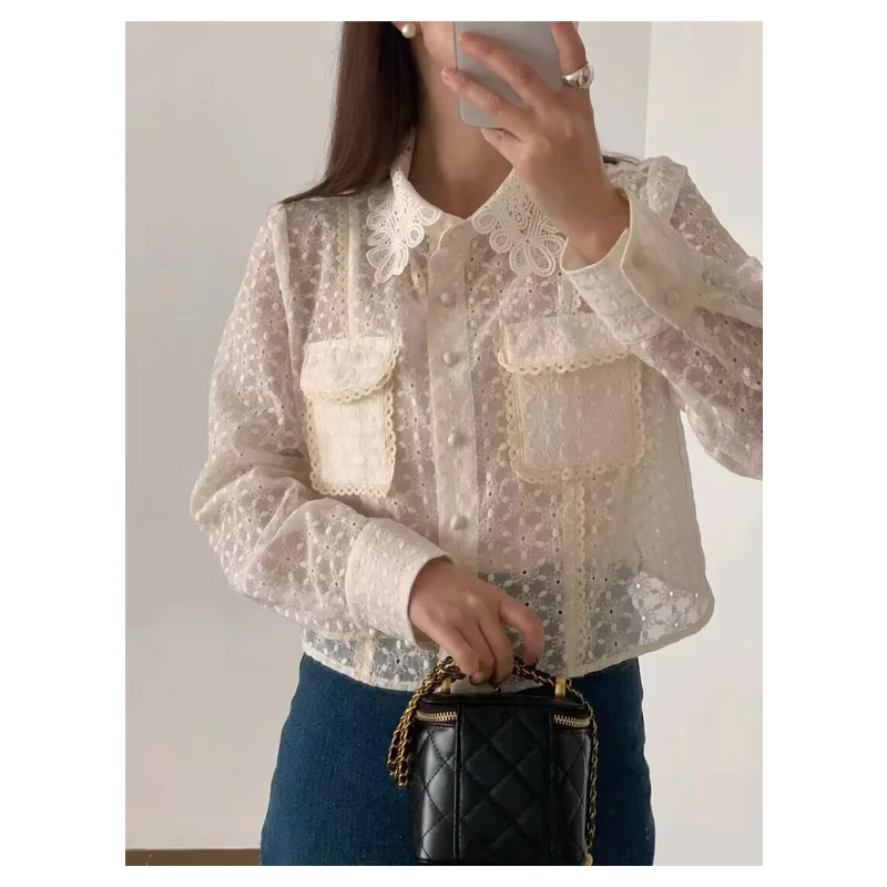 Neploe Vintage Temperament Lace Embroidered Shirt 2025 Spring Autumn Femme French Court Style Long Sleeve Lapel Pocket Blouses