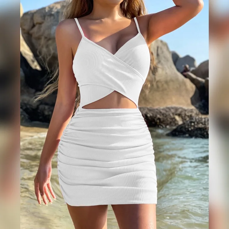 Abito aderente da donna con ritaglio sexy Stile europeo Cinghie incrociate sul retro Scava fuori il vestito da sera per feste da discoteca Abito elastico slim fit