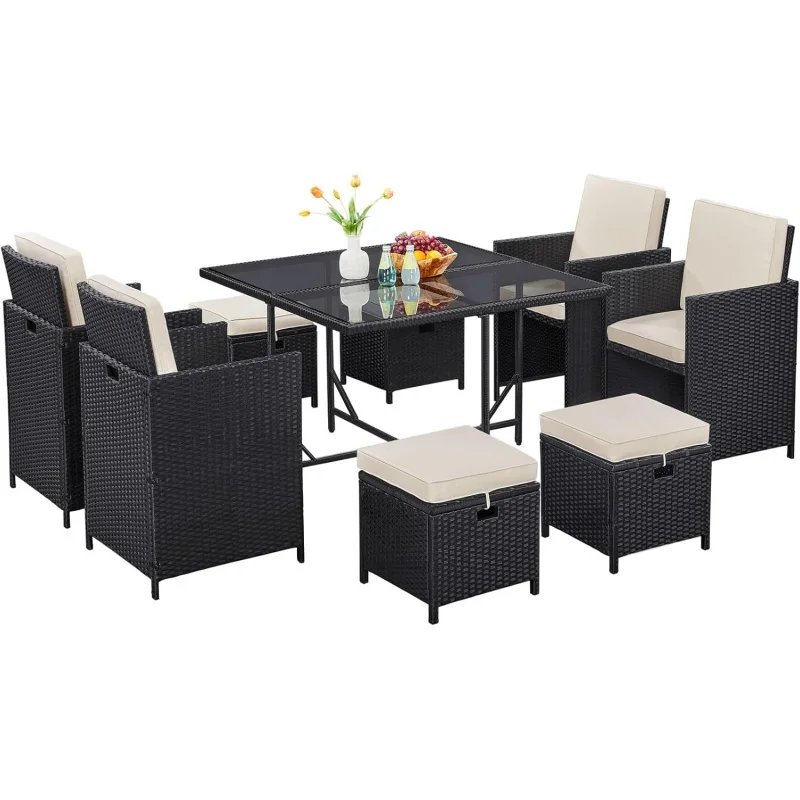 

9-Piece Patio Dining & Conversation Set, Space-Saving Rattan Chairs & Glass Table, All-Weather Wicker Furniture with Removable C
