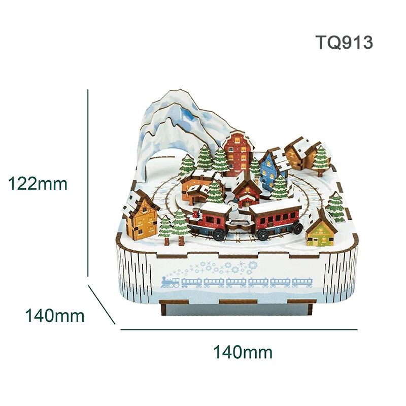 DIY Wooden Snow Country Train Music Box City Street View 3D Puzzles Model Building Kits Toys for Children Christmas Gifts