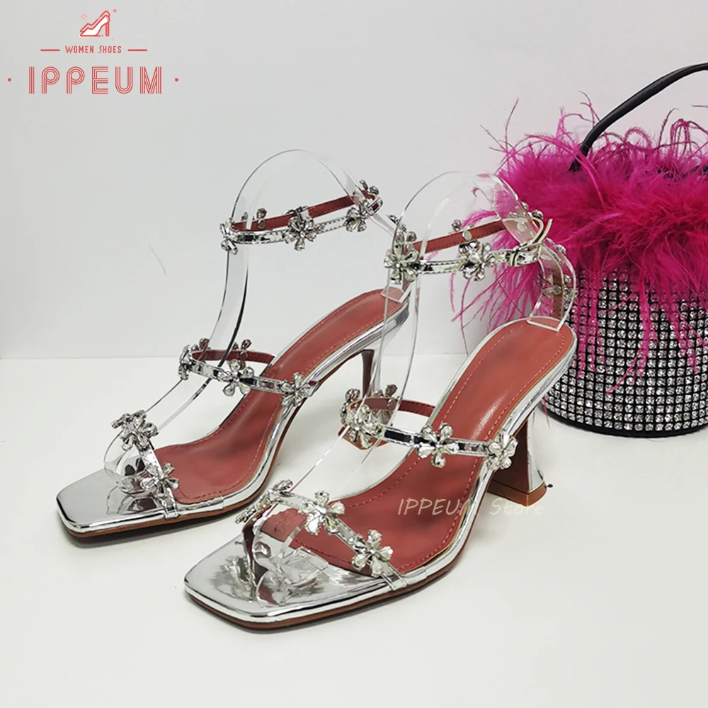 IPPEUM Crystal Flower Slides Women Black High Heels Runway Designer y2k Shoes 2023 New In Luxury Brand Dupes Satin Sandals