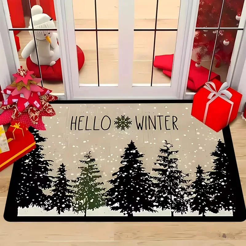 Vintage Rustic Christmas Doormat Winter Forest Tree Gift Box Plaid Snowflake Non Slip Front Entrance Floor Mat Holiday Home