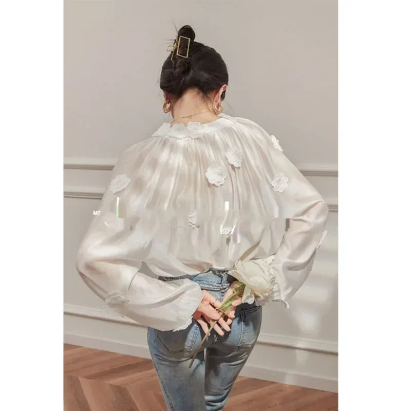 

Новинка 2024, дизайнерская женская блузка с 3D цветами, женская сексуальная прозрачная рубашка с v-образным вырезом и рукавами-фонариками, свободный топ во французском стиле 3931